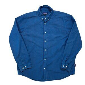 Patagonia Mens Long Sleeved Bluffside Shirt Blue Red Striped Organic Cotton Larg
